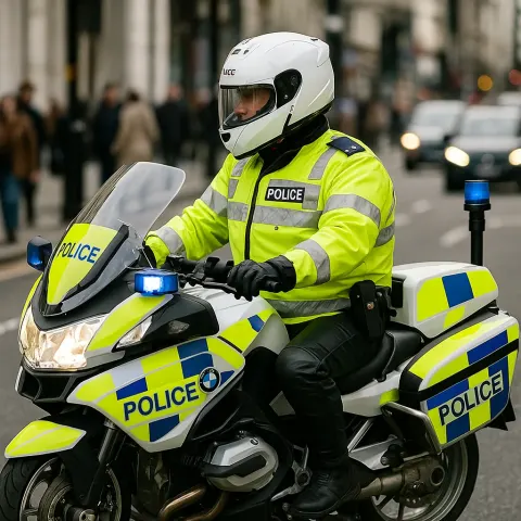 Police Officer Riding a High-visibility BMW Motorcycle on a City