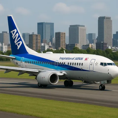 Blue-and-white ANA Airplane Is Taxiing on a Runway with City