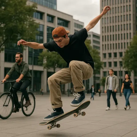 Skateboarder Performing a Trick in an Urban Plaza