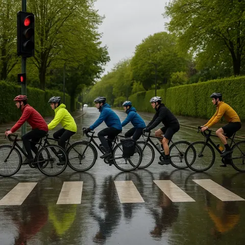 Five Cyclists Crossing a Wet Road at a Traffic