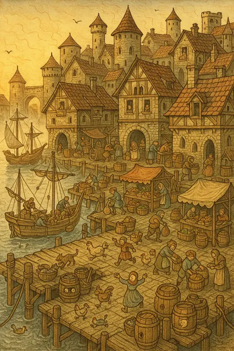 Vibrant Depiction of a Medieval Harbor Town at Sunrise