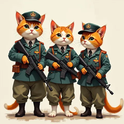 Painterly Trio of Armed Military Cats