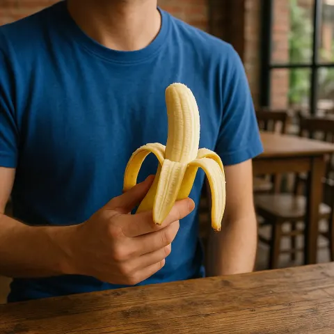 Person Wearing a Blue Shirt Holds a Partially Peeled Banana