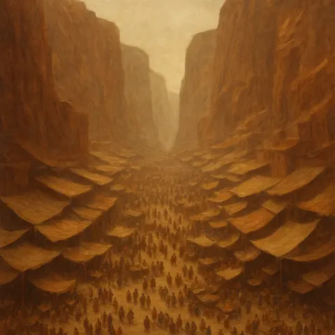 Myriad Tiny Figures Throng a Sprawling Ancient Marketplace