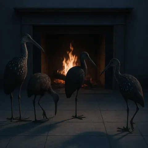 Four Limpkins Gather Before a Warm Fireplace with its Crackling