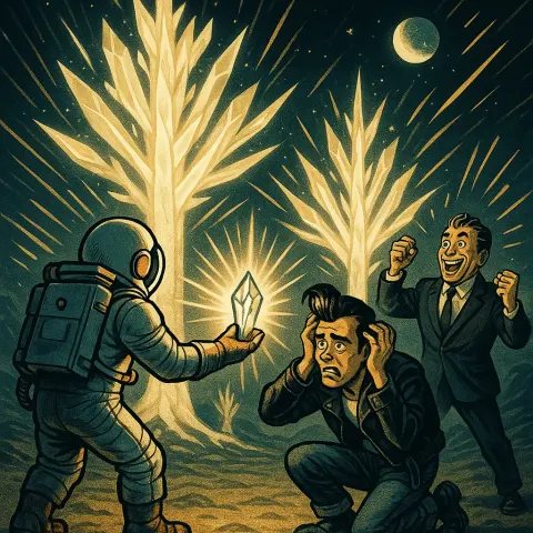Astronaut Extends an Offering Towards a Cowering 1950s Rockabilly-styled Ruler