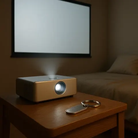 Sleek Silver Projector Displays a Sharp Image Onto a Spacious