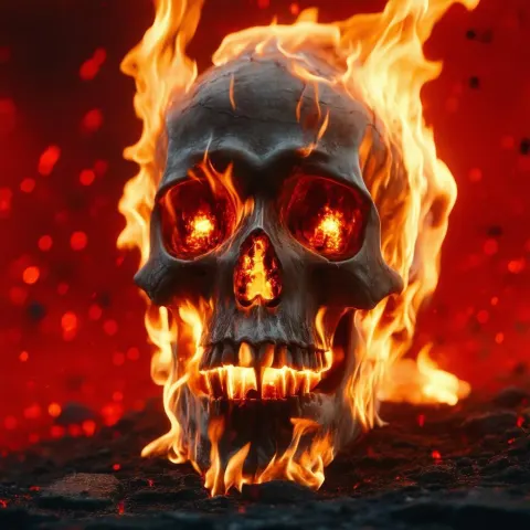 Flaming Skull With Glowing Eyes on Red