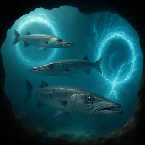 Three Barracouta Navigate a Breathtaking Scene of Shimmering Portals