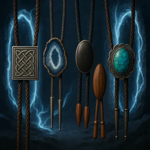 Collection of Five Distinct Bolo Ties—a Rectangular Plaque Intricately