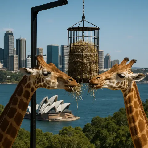 Two Giraffes Eating from a Hanging Feeder with a Cityscape