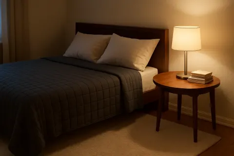 Sizable Rectangular Bed Draped with a Charcoal-gray Quilt Is Positioned