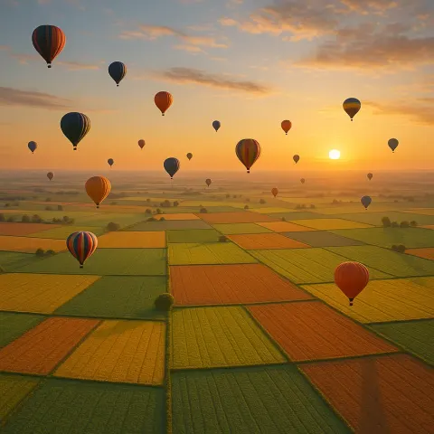 Many Distant Hot Air Balloons Drift Lazily over a Patchwork
