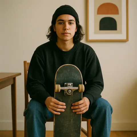 Person Sitting on a Chair Indoors Holding a Skateboard