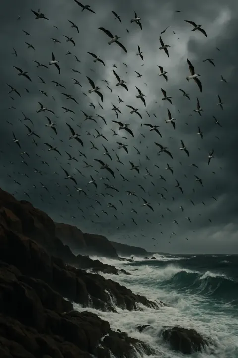 Vast Flock of Seabirds Wheels and Dives Above a Windswept