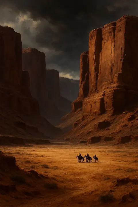 Few Tiny Figures on Horseback Traverse a Vast
