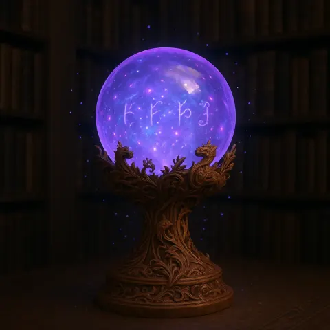 Fantasy-inspired Glowing Crystal Orb Resting on a Finely Crafted Wooden