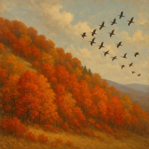 Amber and Crimson Leaves Blanket the Hillside
