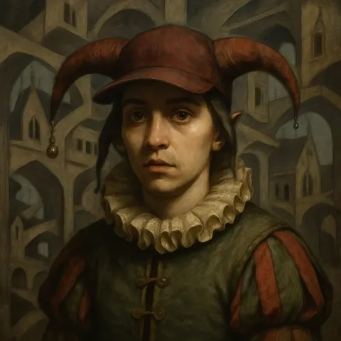 Emerging Talent Embodied as a Jester Character Gazes Forward
