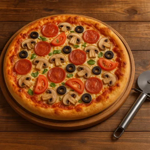 Wooden Cutting Board Holds a Freshly Baked Pizza