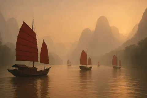 Small Fleet of Traditional Wooden Junks