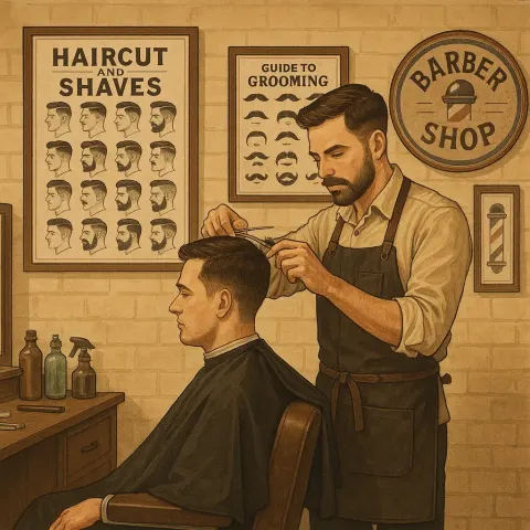 Barber Shop Interior with a Barber Cutting a Customer's Hair