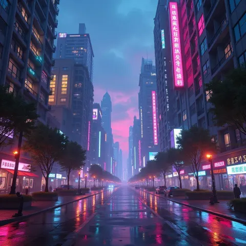 Vaporwave Cyberpunk Cityscape From Street Level