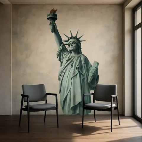 Roomy Interior Showcases a Striking Mural of the Statue