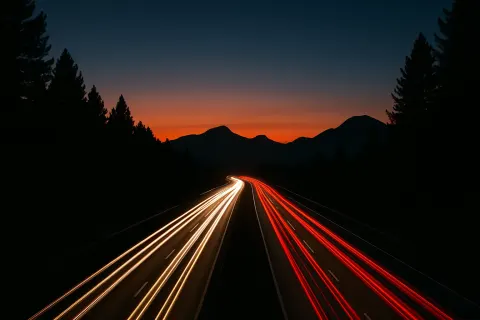 Highway at Dusk with Long Exposure Light Trails from Vehicles