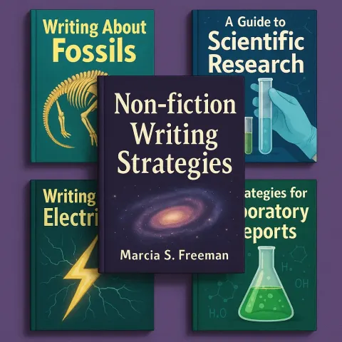 Collection of Science-themed Book Covers Arranged Against a Purple Background