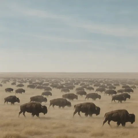 Vast Herd of Distant Bison Moves Slowly Across an Expansive