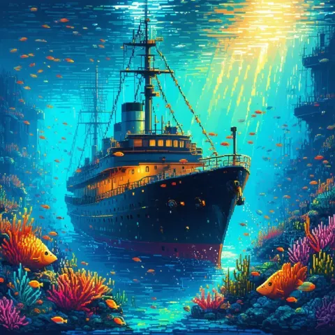 Pixel Sunken Ship Teeming With Vibrant Fish