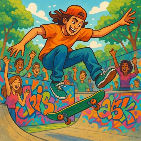 Dynamic Artwork Featuring a Skateboarder Executing Daring Stunts