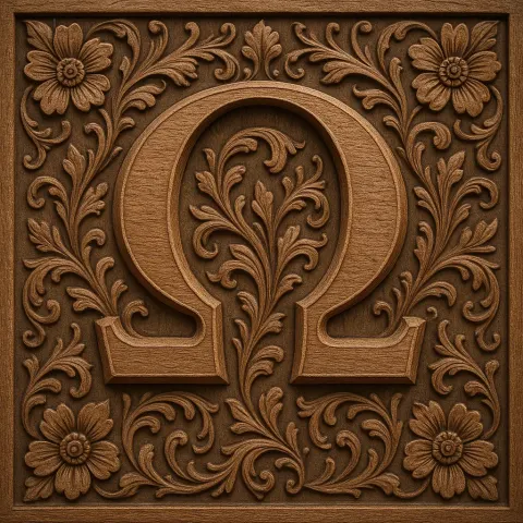 Detailed Carving in Wood Featuring the Greek Letter Omega