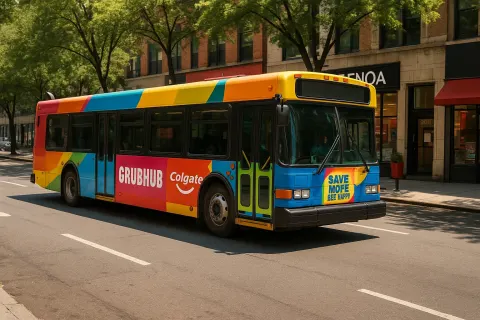 Colorful Public Bus Drives Down a Tree-lined Urban Street