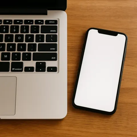 Smartphone Next to a Laptop Keyboard Lying on a Wooden
