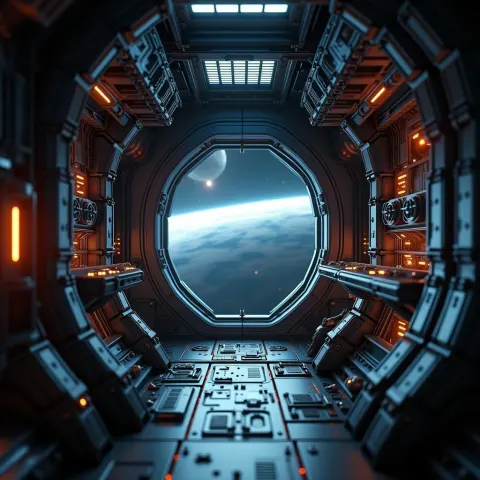 Chiaroscuro Starship Engine Room With Distant Planet
