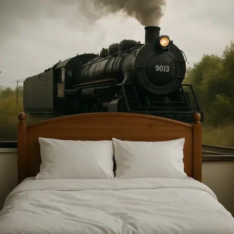 Image Showing a Bed in the Foreground with a Train