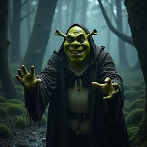 Shrek Casting Spells in a Foggy Swamp