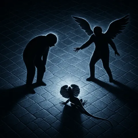 Dramatic and Intense Uplighting Sharply Defines Two Tiny Silhouettes—one Distinctly