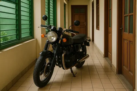 Motorcycle Parked Indoors in a Narrow Tiled Corridor with Green-covered