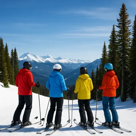 Skiers Stand near a Snowy Slope with Pine Trees