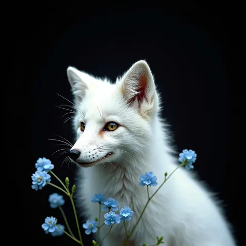 White Fox Among Blue Blossoms on Black