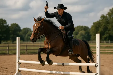 Cowboy in a Black Hat and Uniform Jumps a Horse