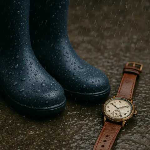 Pair of Rubber Boots Drenched in Rain