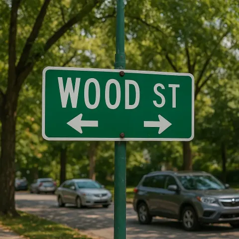 Street Sign Reading "WOOD ST" with Directional Indicators