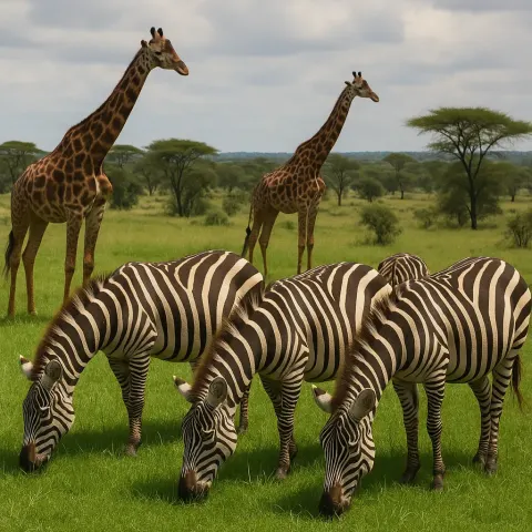 Group of Zebras Grazing on Green Grass