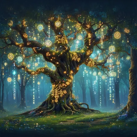 Fantasy Tree Aglow With Runes and Vines