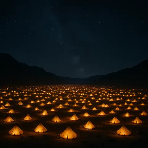 Sprawling Network of Countless Illuminated Tents Forms a Temporary City