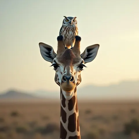Serene Giraffe Carrying an Owl Companion